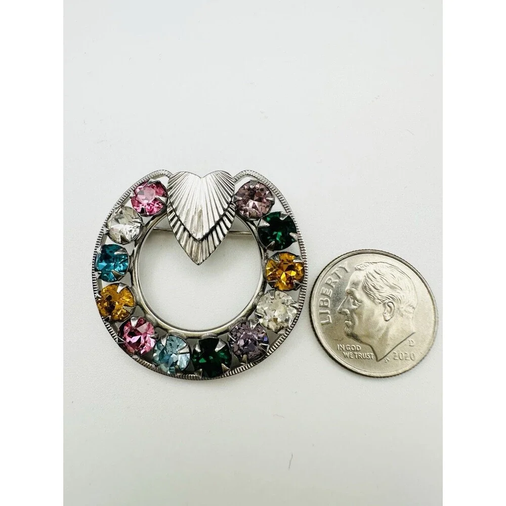 Vintage Sterling Silver Rhinestone Wreath Brooch Pin Multicolor